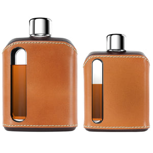 Dark & Tan Leather Glass Flask Gift Set (Single Shot 100mL + Double Shot 240mL)